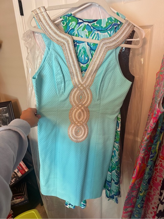 Lilly Pulitzer Dresses & Skirts - Lilly Pulitzer Aqua Mini Dress with Gold Beaded V-Neck
